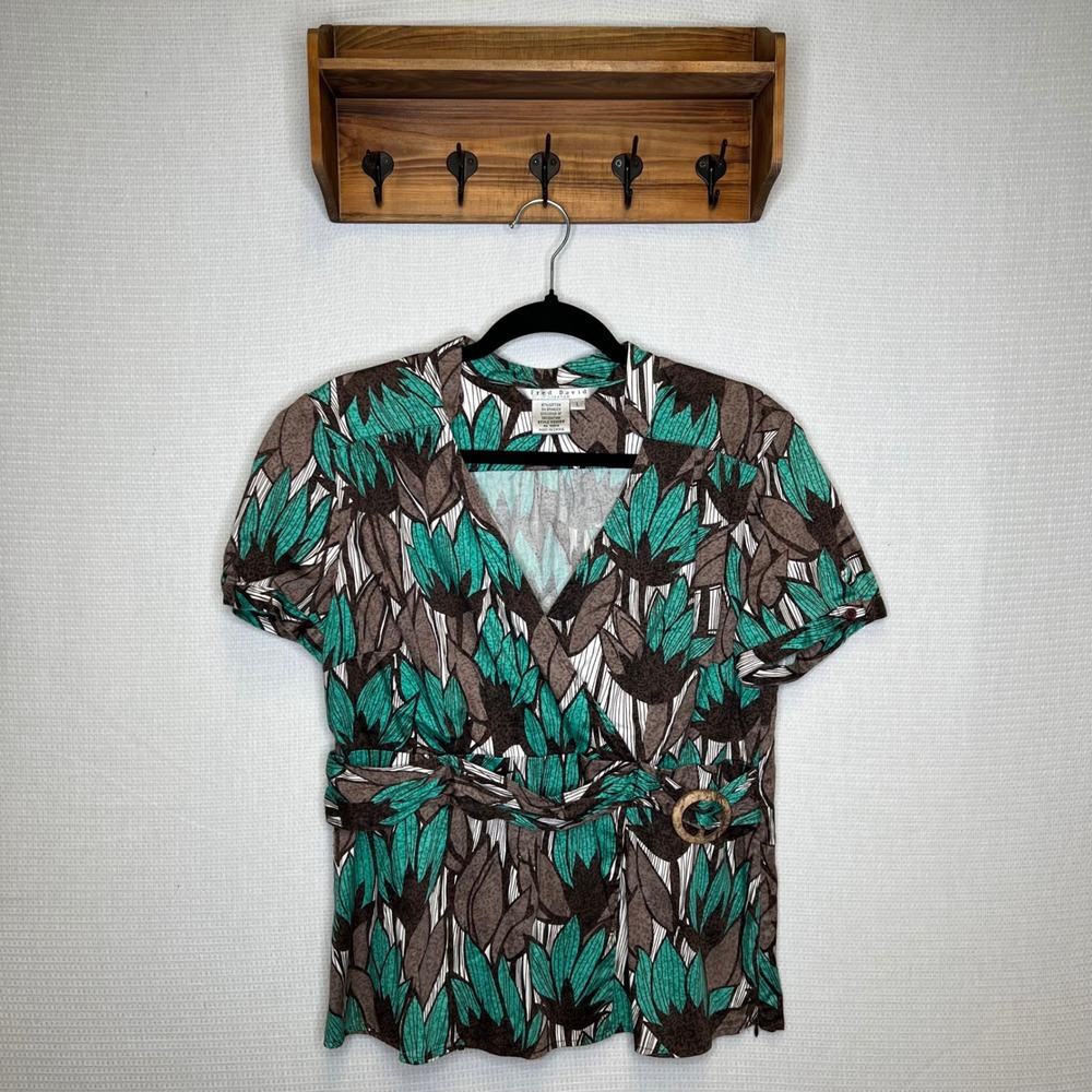 Fred David Floral‎ Print Top Brown Green V-Neck Short Sleeve Blouse Womens VTG